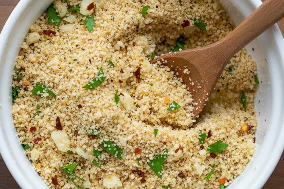 Mixed Panko breadcrumbs, Parmesan cheese, red pepper flakes, garlic and some parsley with some melted butter in a small bowl.