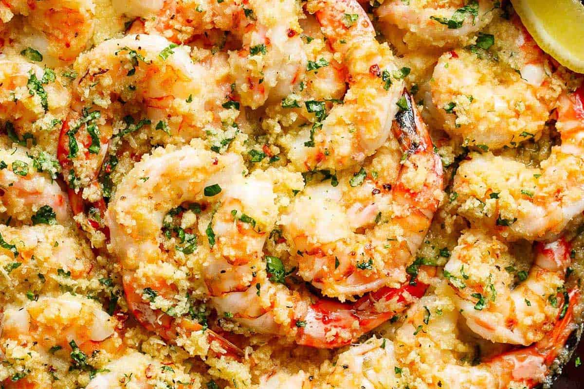 Close-up shot of Crispy Baked Shrimp Scampi.