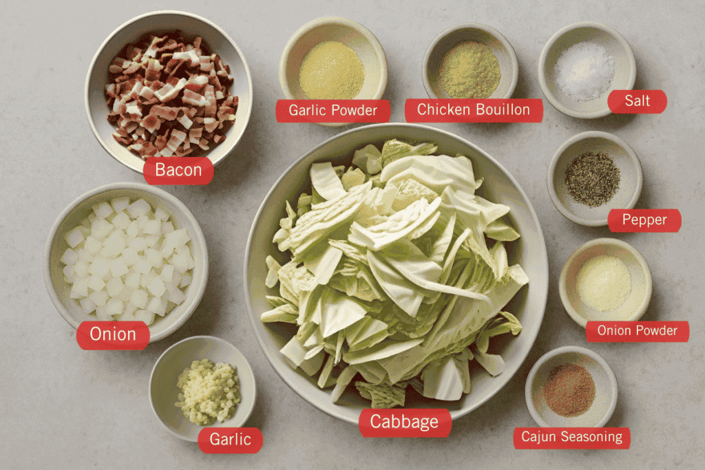 A photo of the ingredients: bacon, cabbage, onion, chicken bouillon, onion powder, salt, pepper, garlic, cajun seasoning and garlic powder