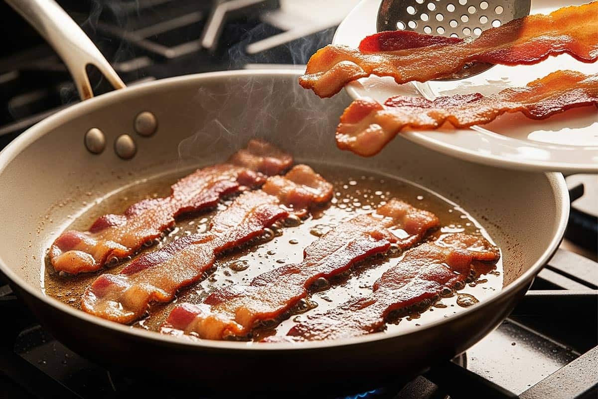Crispy bacon on a skillet and on a plate
