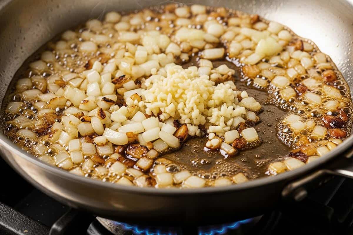 Chopped onion and minced garlic with a bacon grease