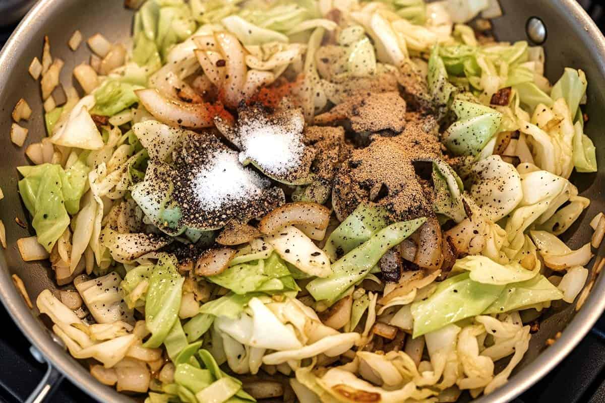 Fried cabbage with with bouillon, onion powder, garlic powder, salt, pepper, and Cajun seasoning