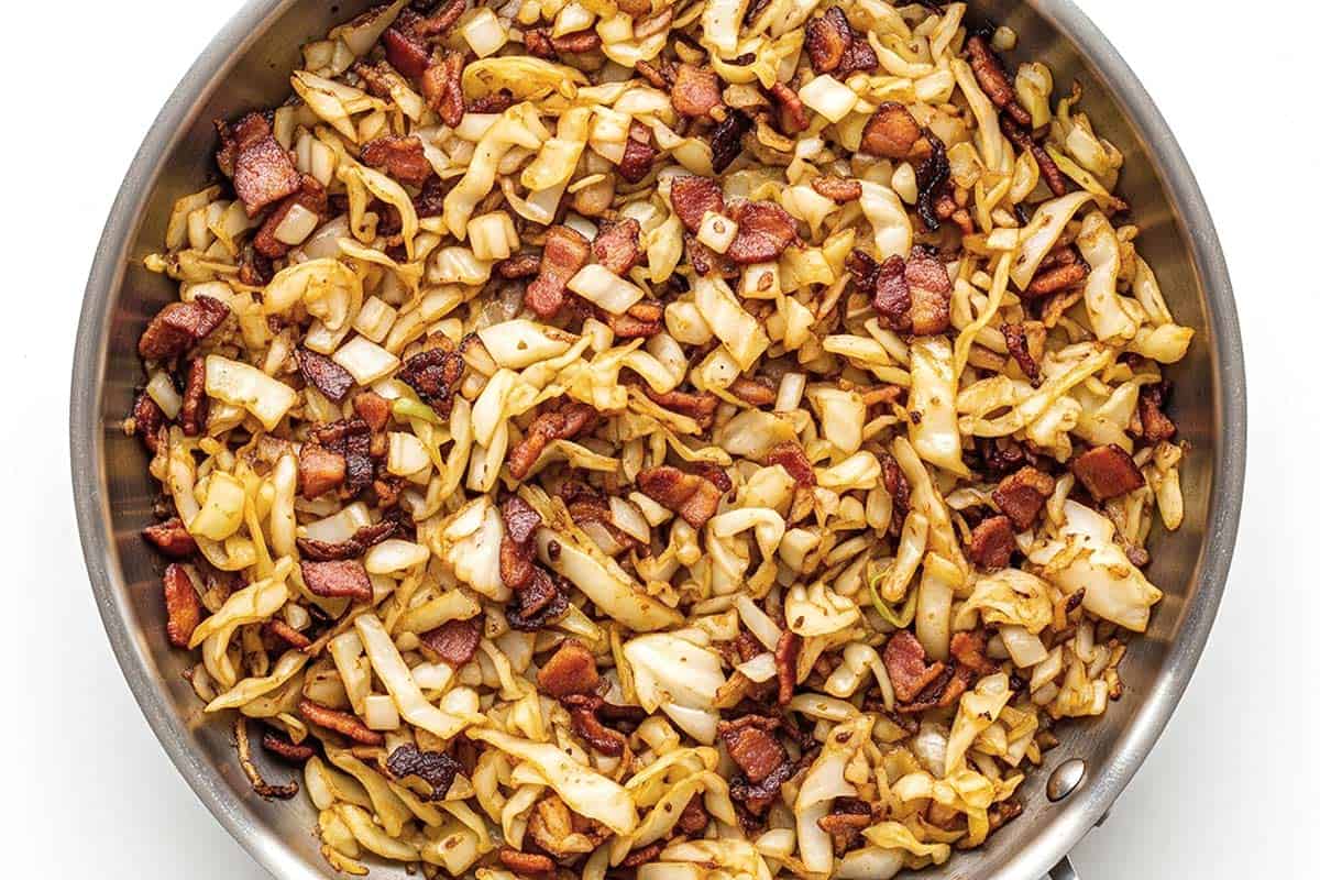 Bacon Fried Cabbage in a skillet