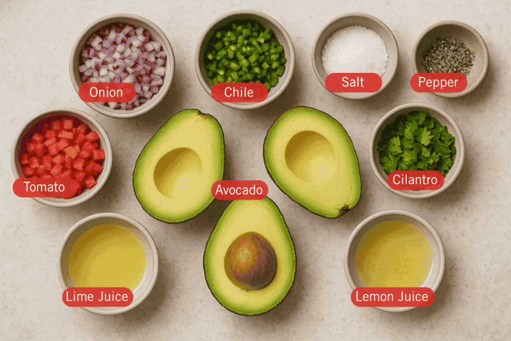 A flatlay image of labeled guacamole ingredients in small bowls arranged on a light surface. Visible ingredients include chopped red onion, diced tomato, green chile, chopped cilantro, salt, cracked black pepper, lime juice, lemon juice, and three halved ripe avocados in the center.