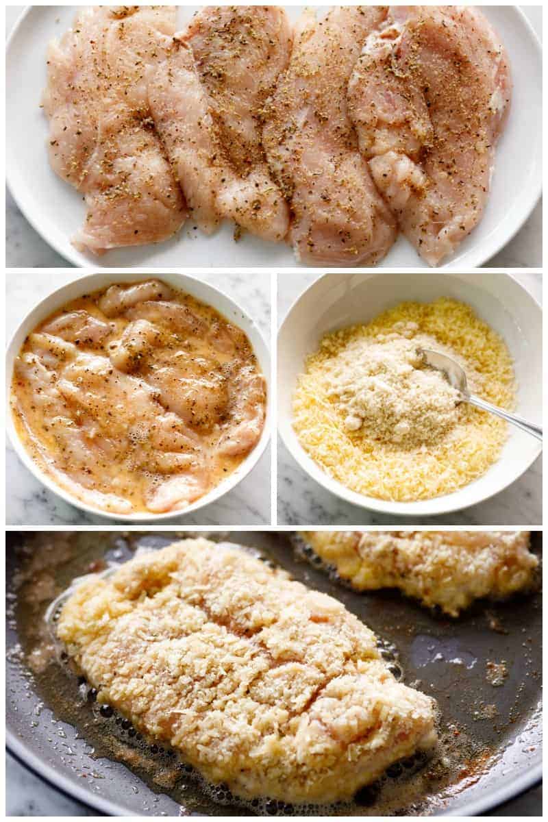 Collage of raw chicken on a large plate, dipped in egg wash, a bowl of crumb coating and the chicken frying in a non-stick pan. 