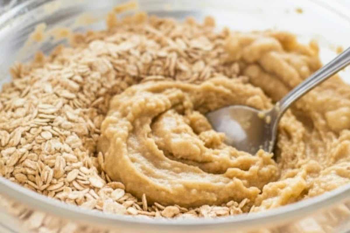 Stir the quick oats into the mashed bananas, mixing until everything is well combined and evenly coated.
