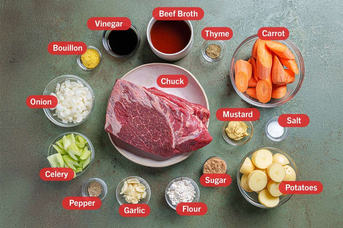 Image with all the ingredients needed for the preparation of this recipe, specifically: beef chuck, thyme, carrots, mustard,salt, sugar, potatoes, flour, garlic, pepper, celery, onion, bouillon, vinegar, beef broth.