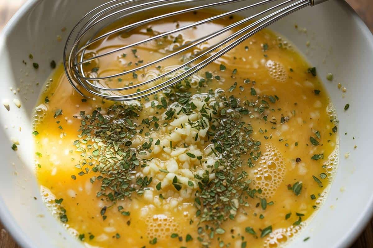 Eggs, garlic, and Italian seasoning. Add a pinch of salt and pepper whisked together in a bowl.