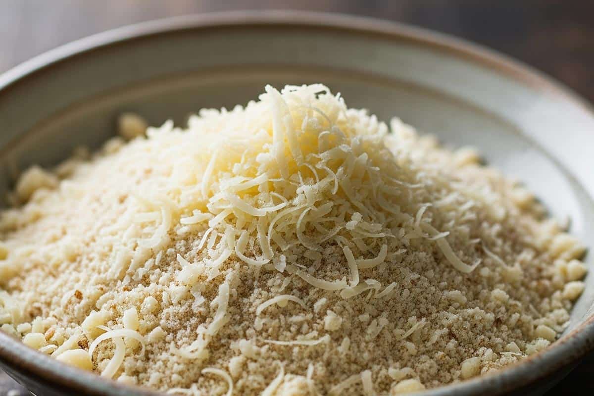 Grated parmesan cheese and almond flour in a bowl.
