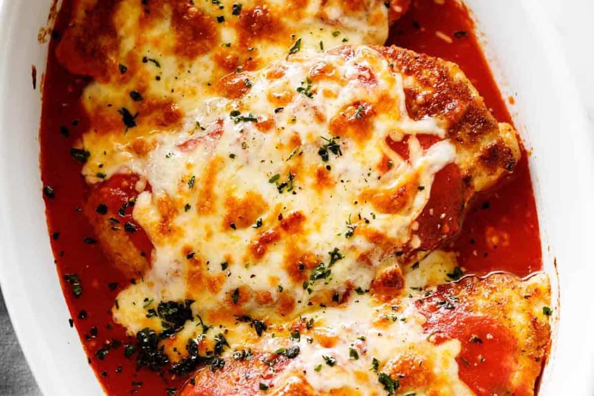 Close-up shot of Low Carb Chicken Parmesan.