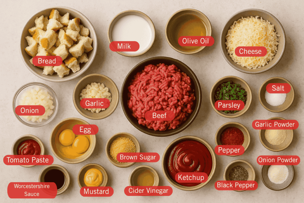 A labeled flatlay image of meatloaf ingredients in small, individual bowls arranged neatly on a light surface. Labels identify each ingredient: bread, milk, olive oil, shredded cheese, ground beef, onion, garlic, egg, parsley, salt, garlic powder, pepper, onion powder, black pepper, ketchup, cider vinegar, brown sugar, mustard, Worcestershire sauce, and tomato paste. 