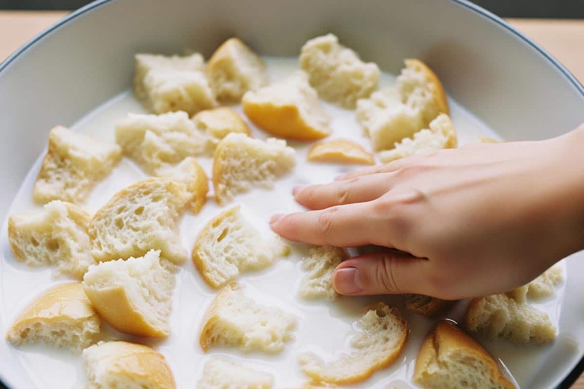 Soaking the bread in milk in a large bowl, pressing it down gently to absorb the liquid.