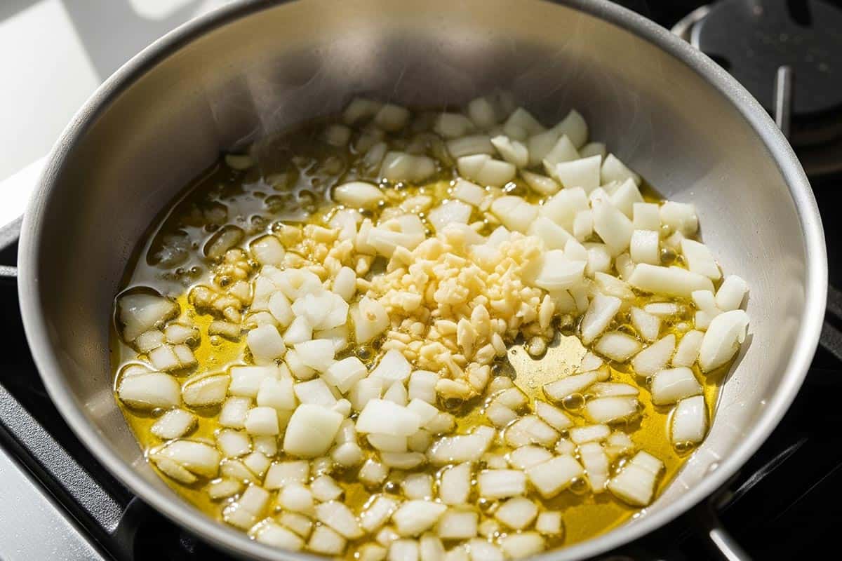 Onion and garlic in a small pan.