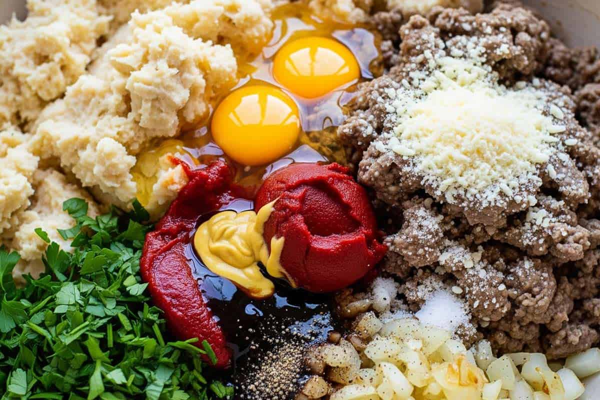 Mashed bread, beef, parmesan, eggs, parsley, tomato paste, Worcestershire sauce, mustard, salt, pepper, and sautéed onion in a bowl.