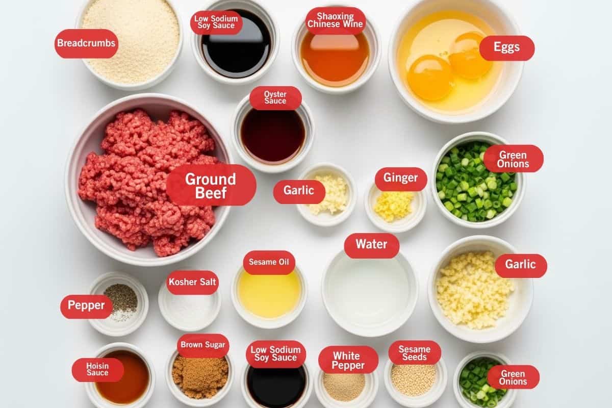 Flat lay photo of ingredient shot of breadcrumbs, low sodium soy sauce, shoaxing Chinese wine, eggs, ground beef, oyster sauce, garlic, ginger, green onions, pepper, kosher salt, sesame oil. water, hoisin sauce, brown sugar, white pepper, sesame seeds,