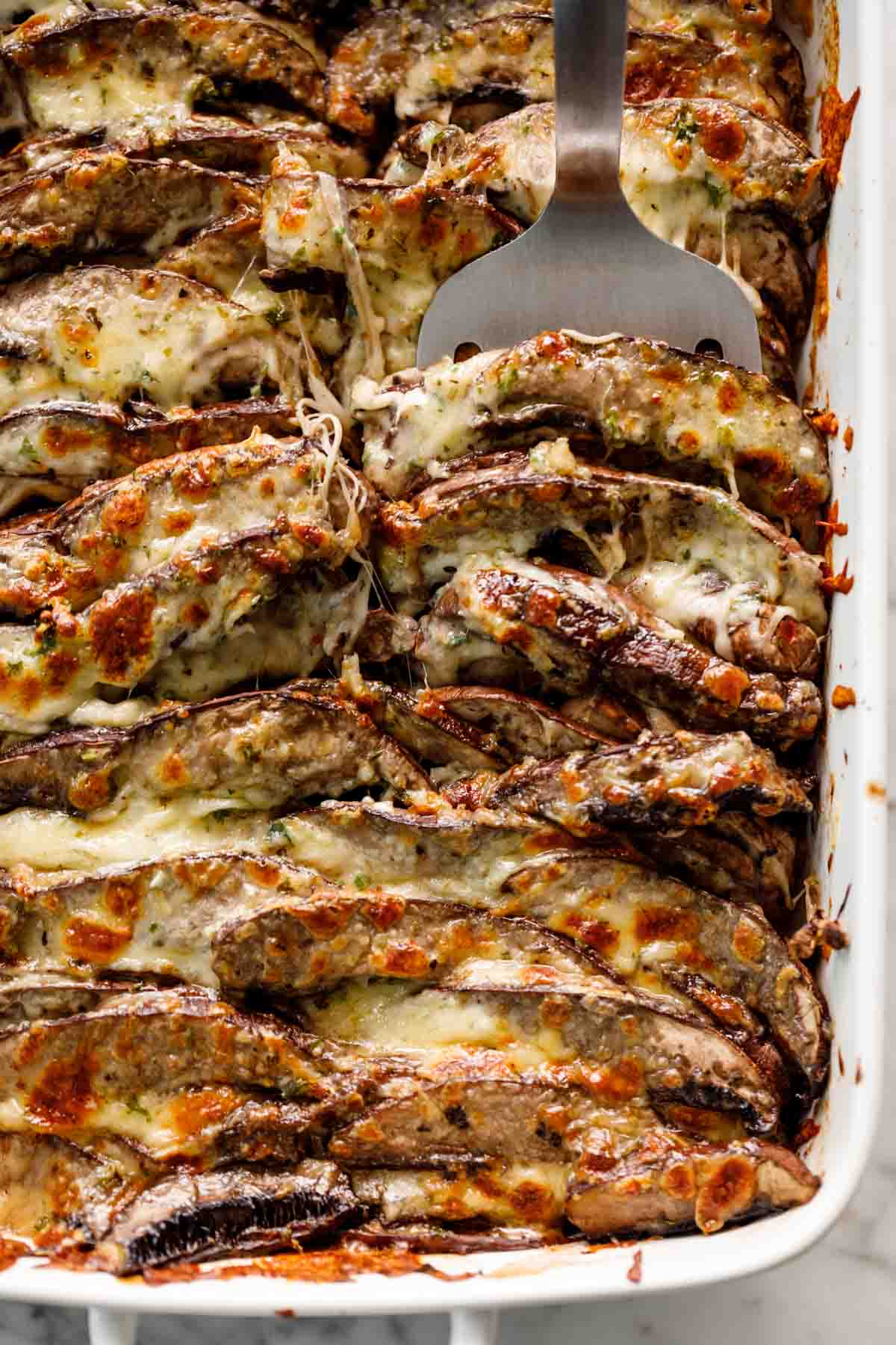 Portobello Mushroom recipe baked in a casserole dish. 