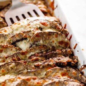 Scalloped Portobello Mushrooms with fork