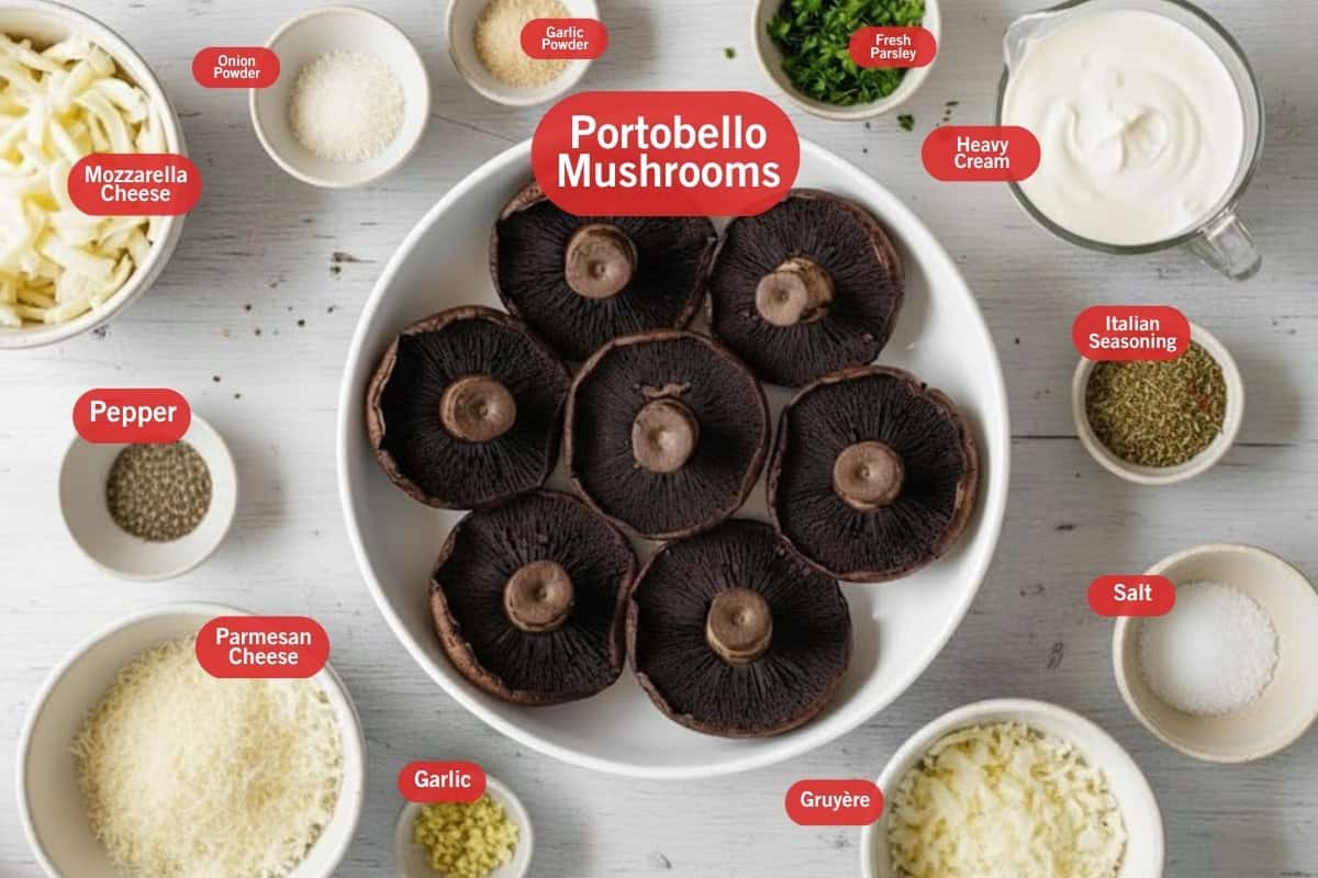 Flat lay photo of ingredient shot, of mozzarella cheese, onion powder, garlic powder, fresh parsley, heavy cream, Italian seasoning, salt, gruyere, garlic , parmesan cheese