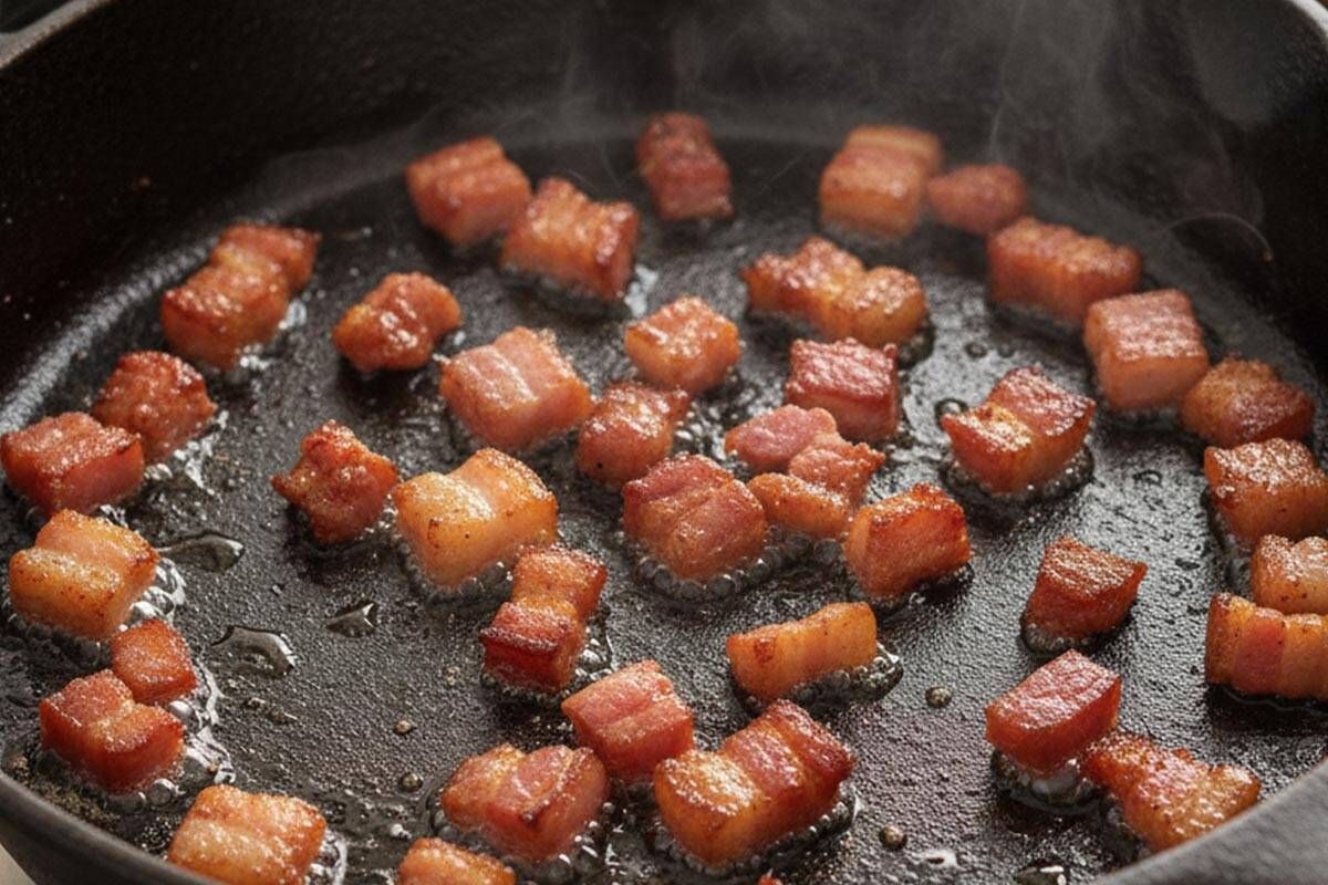 Cooking the bacon in a pan.