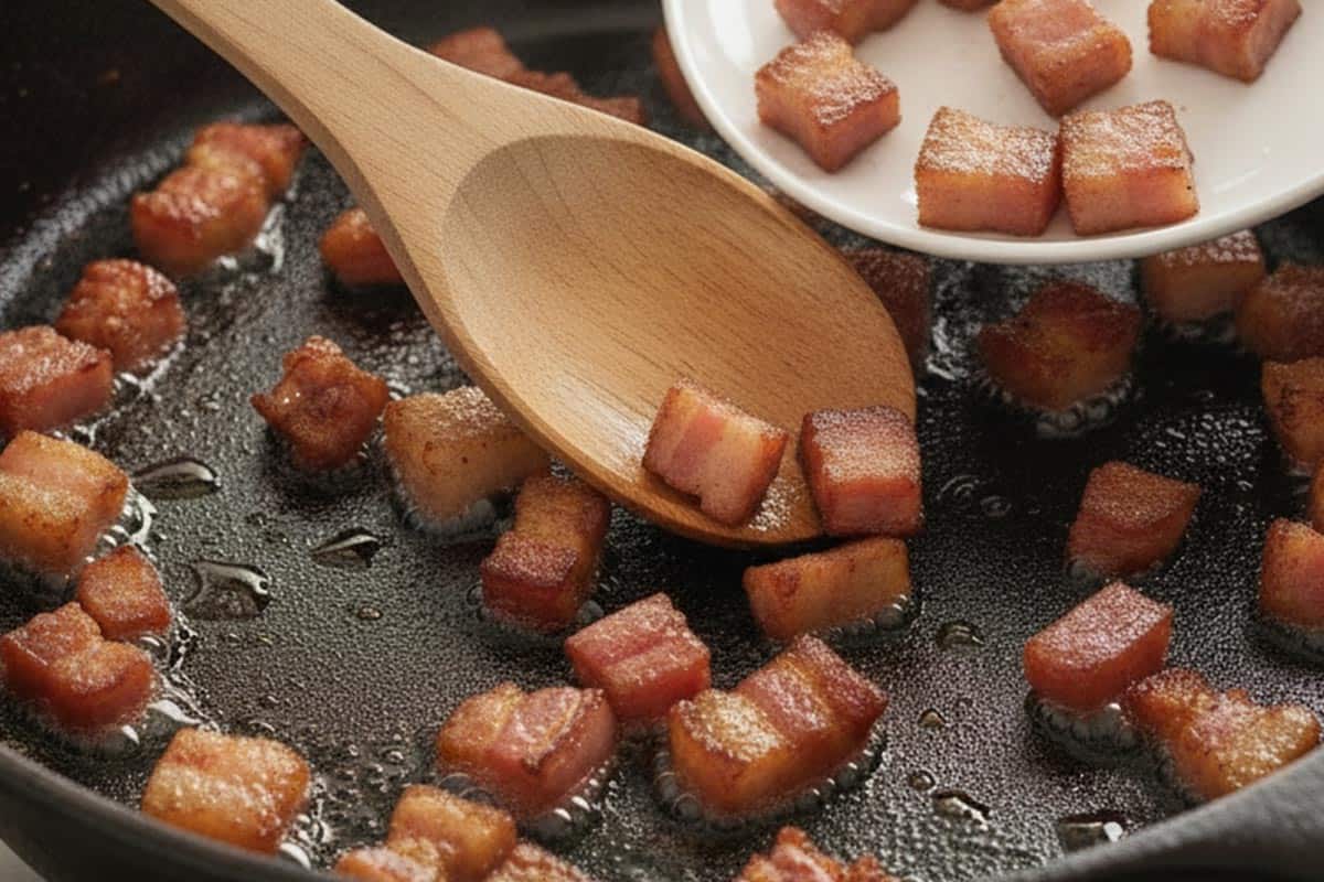 Scooping out half of the bacon and set aside on a plate.