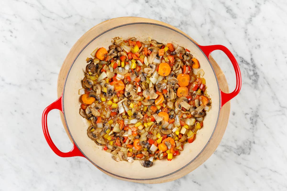 mixture of vegetables cooking in a pan