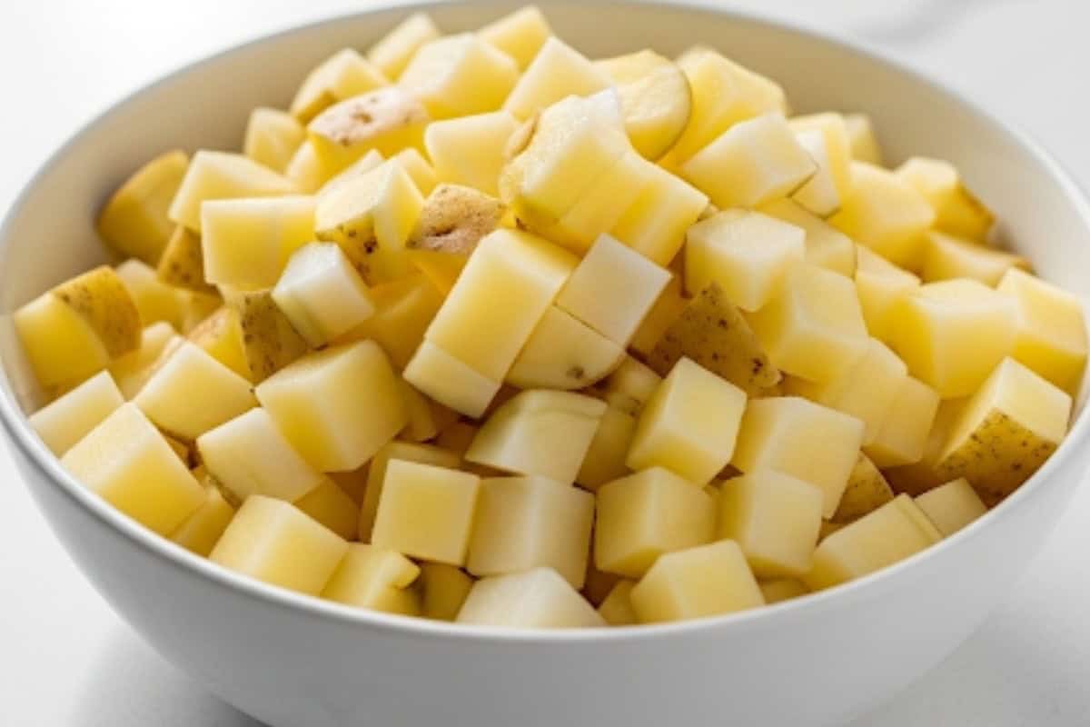Dice the potatoes into ¾-inch cubes and set them aside.