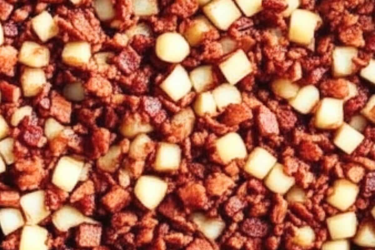 Stir in the diced bacon and cook until crispy.