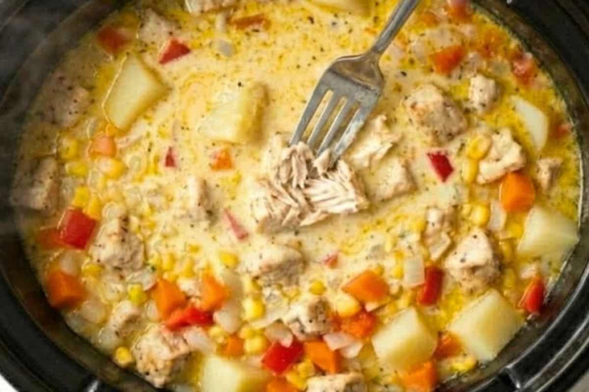 Open the lid and make sure the potatoes are soft and the chicken is tender enough to break apart easily with a fork.