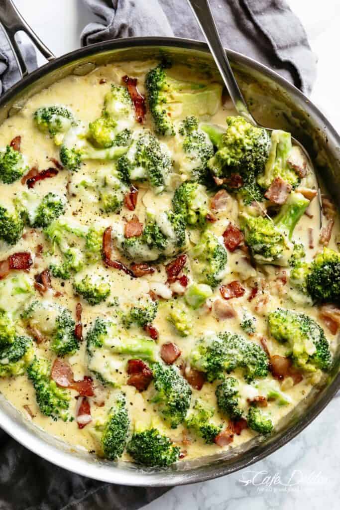 Broccoli Casserole baked in a cheesy creamy parmesan garlic sauce with bacon