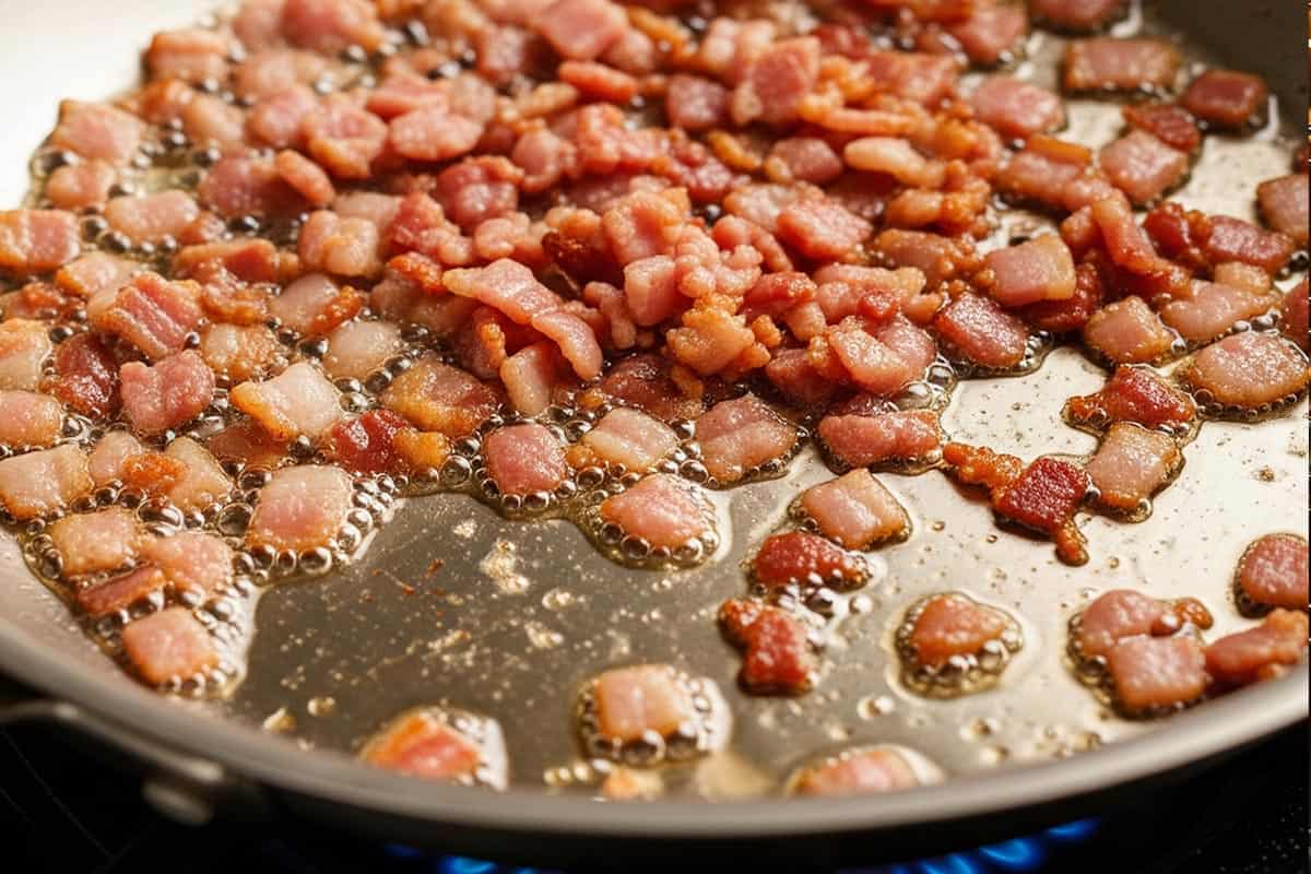 Frying the chopped bacon.
