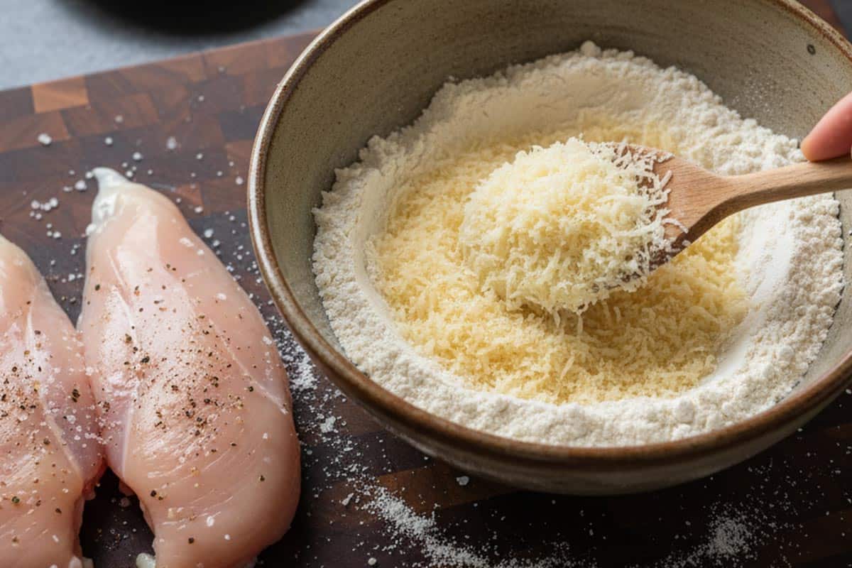 Mixing the flour and parmesan cheese in a bowl. Seasoned the chicken fillets with salt and pepper