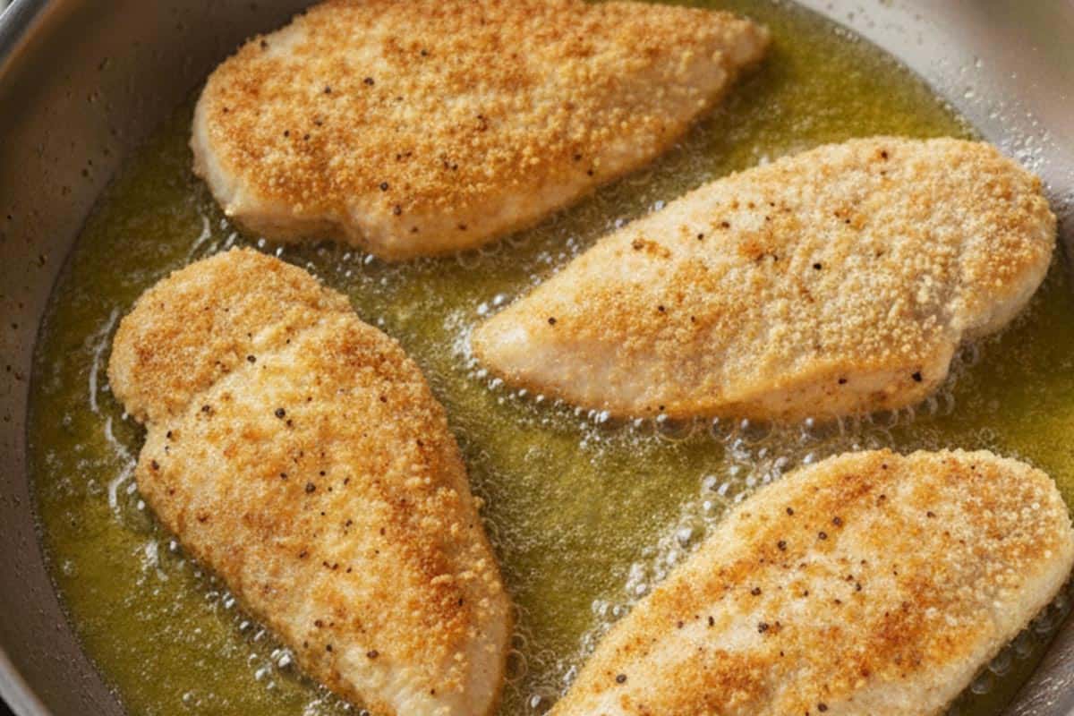 Cooking the chicken until golden and cooked.
