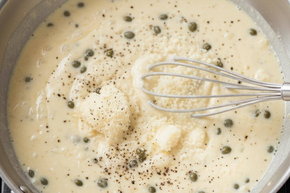 Mixed in the parmesan and capers, seasoning with salt and pepper.