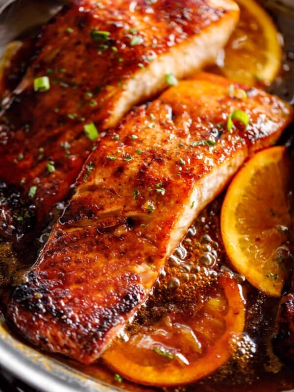 Crispy Honey Orange Glazed Salmon on a pan