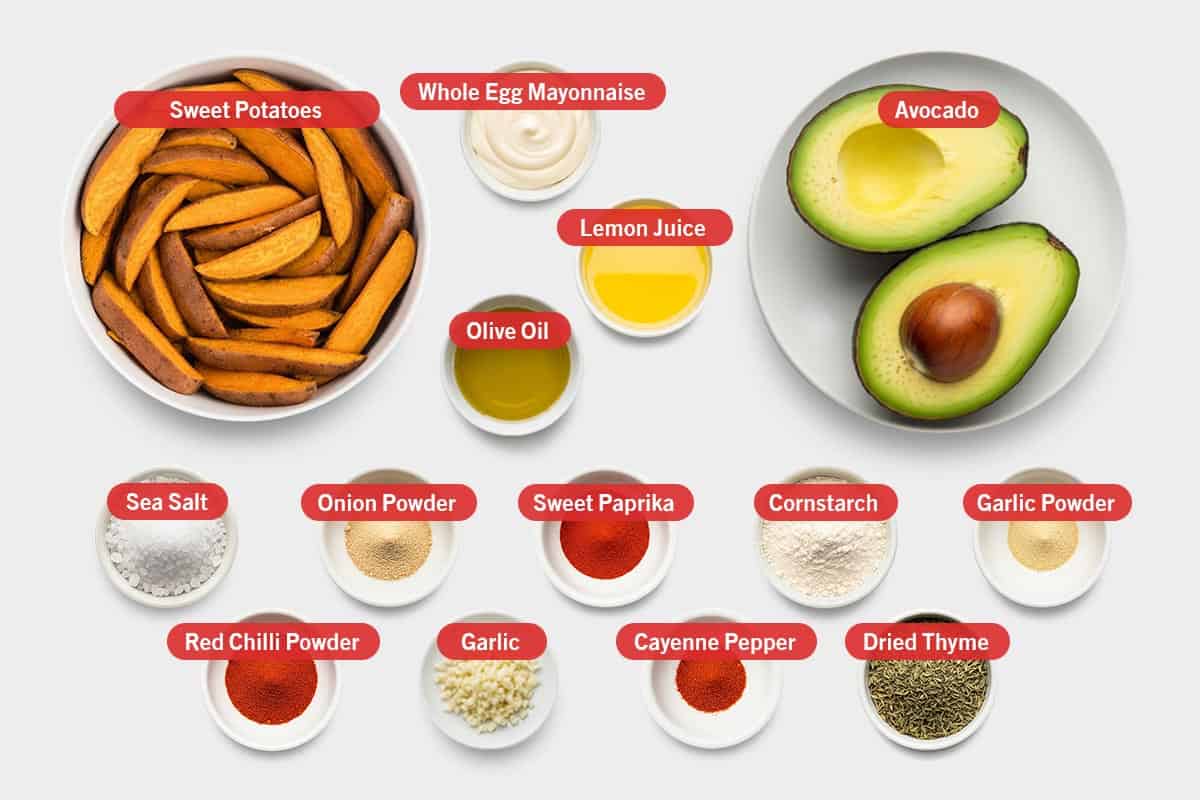 Top shot of ingredients: Sweet potatoes, whole egg mayonnaise, olive oil, lemon juice, avocado, sea salt, onion powder, sweet paprika, cornstarch, garlic powder, red chilli powder, garlic, cayenne pepper, and dried thyme.