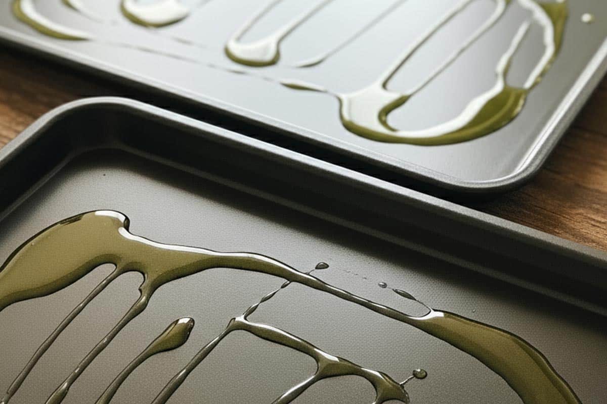 Two baking sheets with oil.