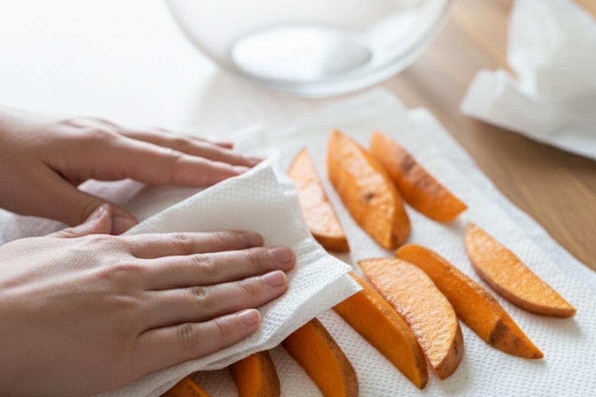 Patting dry the sweet potatoes with paper towels.