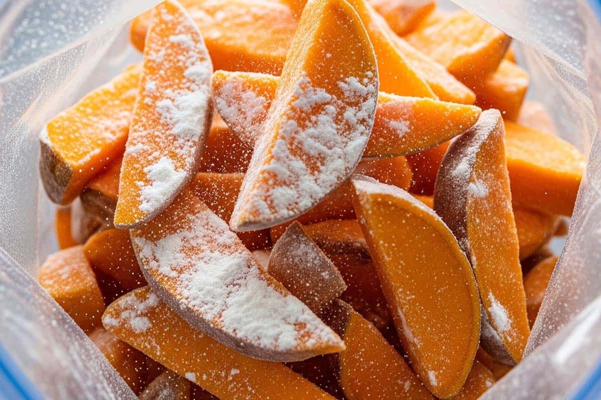 Sweet potatoes with cornstarch in a zip-lock bag.