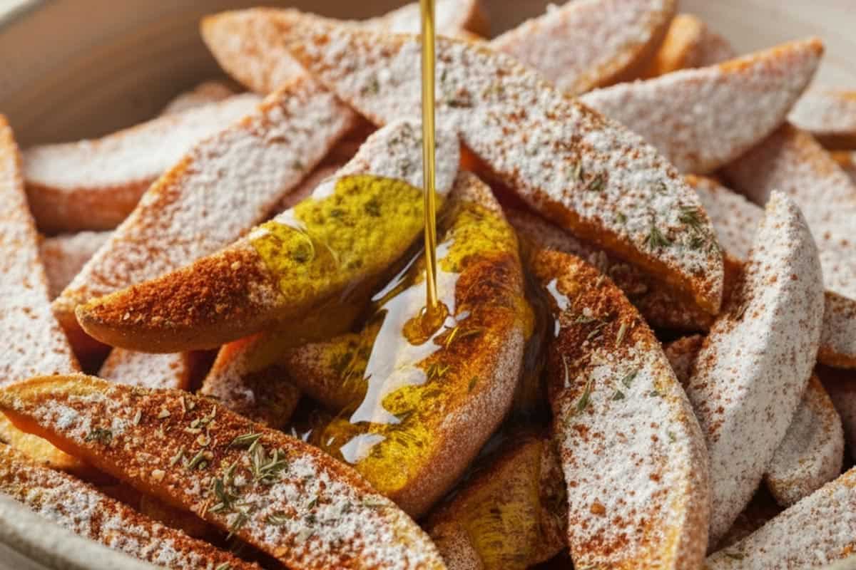 Pouring the olive oil on top of the wedges coated with cornstarch.