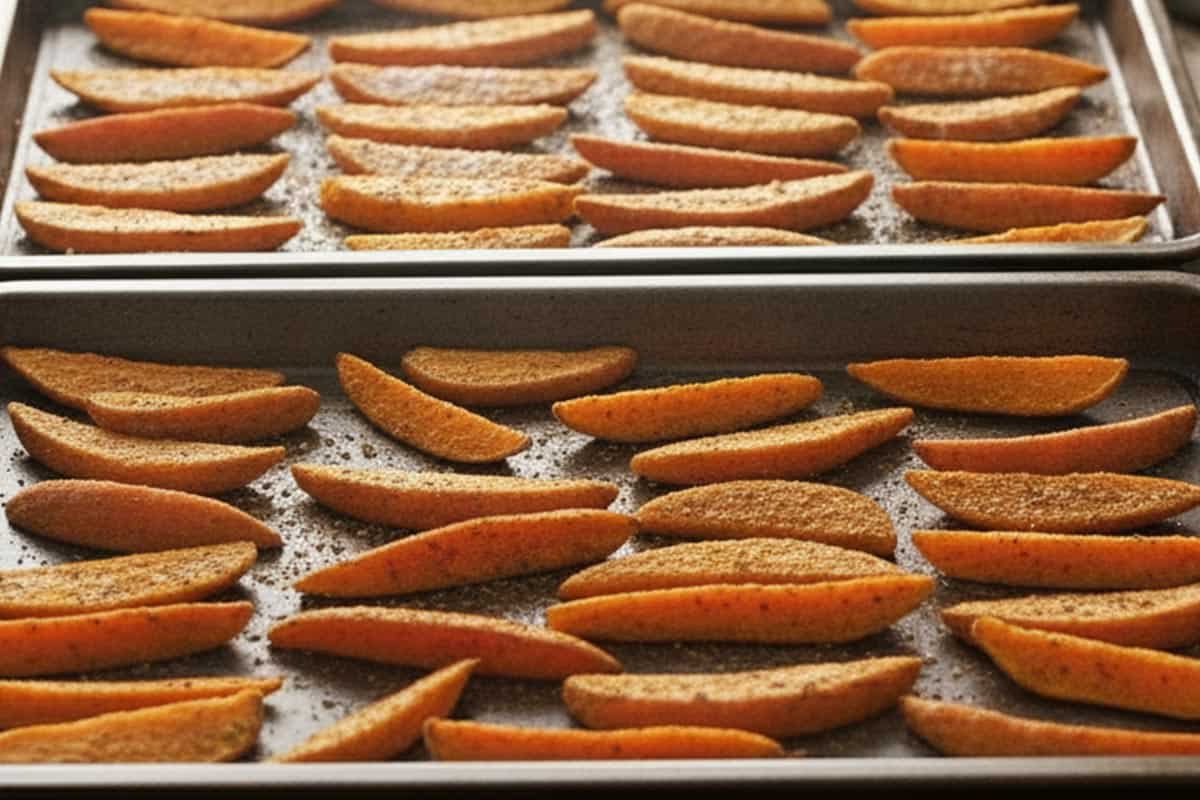 Two trays with sweet potatoes wedges.