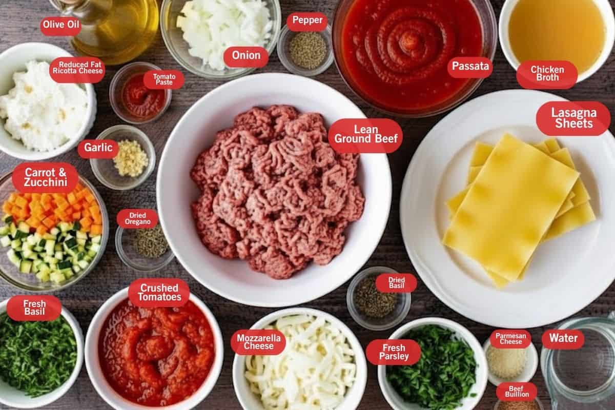 Flat lay photo of ingredient shot of olive oil, reduced fat ricotta cheese, tomato paste, onion, pepper, passata, chicken broth, lasagna sheets, water, parmesan cheese, beef bullion, fresh parsley,  dried basil, mozzarella cheese crushed tomatoes,  fresh basil, dried oregano, carrot and zucchini, garlic.