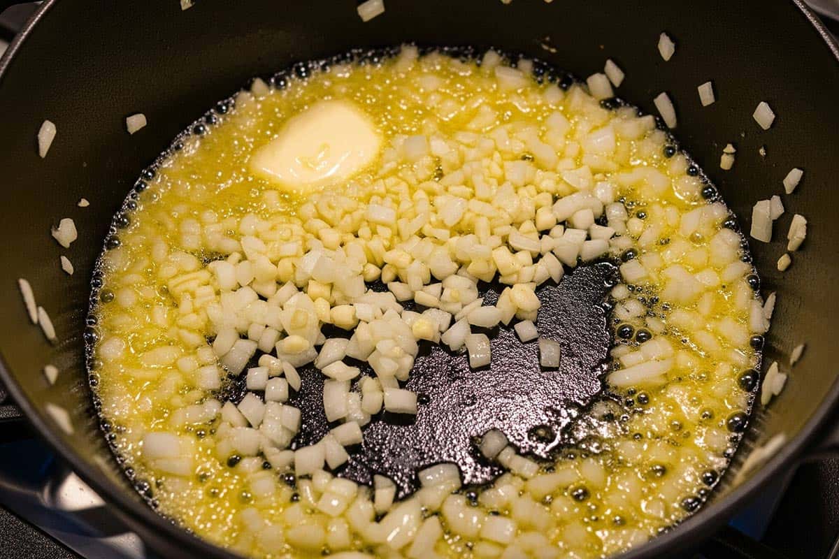 Olive oil and a tablespoon of butter in a large pot with chopped onion and garlic.