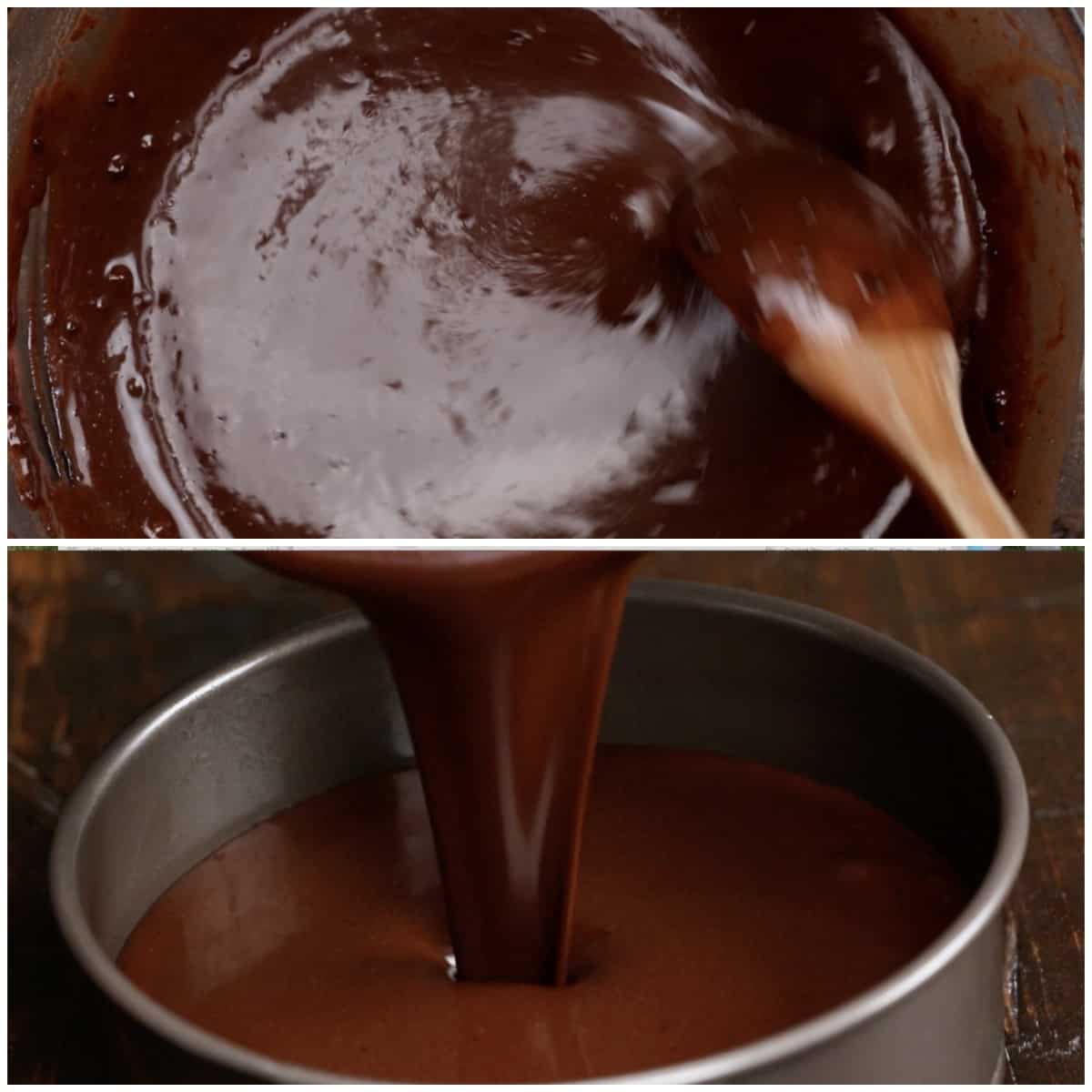 Two images: Thick brown batter being stirred with a wooden spoon. The batter is then being poured into a circle tin. 