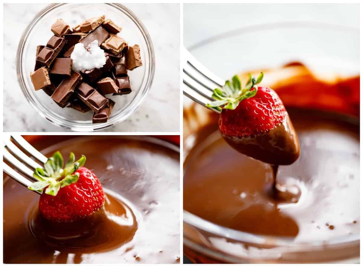 Image collage, top left image of glass bowl with chocolate and coconut oil, bottom left image of a strawberry on a silver fork being dipped in melted chocolate, large right image of strawberry on fork lifted out of melted chocolate, dripping from the bottom.