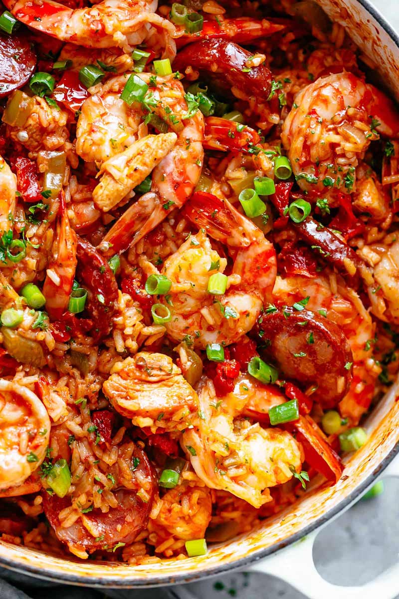 Close-up image of the Jambalaya recipe being scooped up by a spoon.