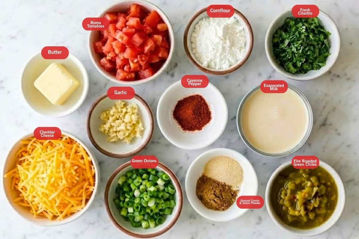 Flat lay photo of butter, Roma tomatoes, cornflour, fresh cilantro, cheddar cheese, garlic, cayenne pepper, evaporated milk, ground cumin and onion powder, fire roasted green chiles