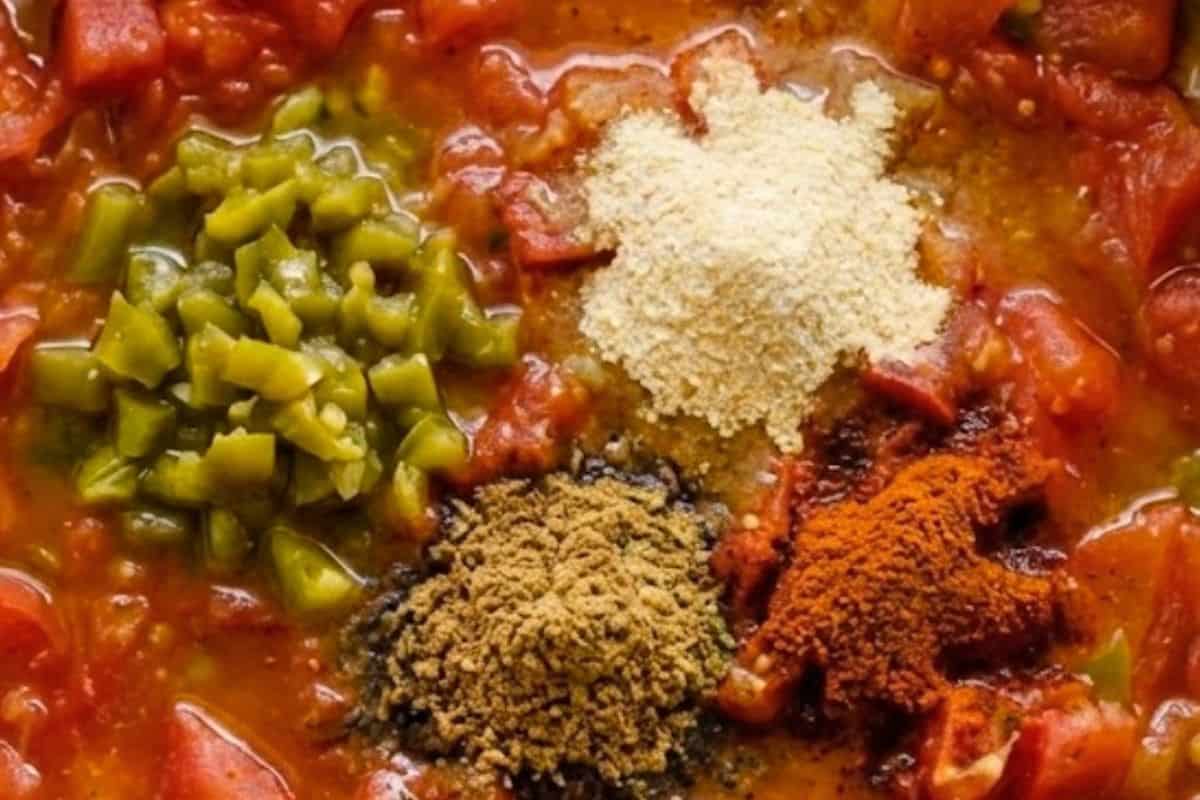 Add in the tomatoes, green chillies, cumin, onion powder and cayenne.