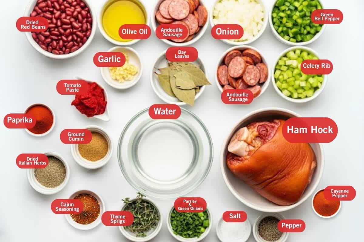 Flat lay photo of ingredient shot of dried red bean, olive oil, andouille sausage, onion, green bell pepper, celery rib, garlic, tomato paste, dried Italian herbs, cajun seasoning, ground cumin, paprika, cayenne pepper, thyme sprigs, smoked ham hock, water, bay leaves, parsley, green onions, salt, cracked pepper