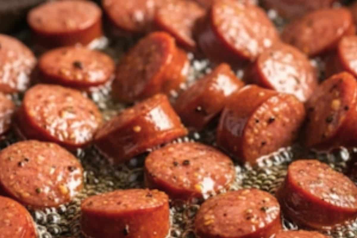 Heat the olive oil in a large pan and add the andouille sausage and cook until brown and fragrant.