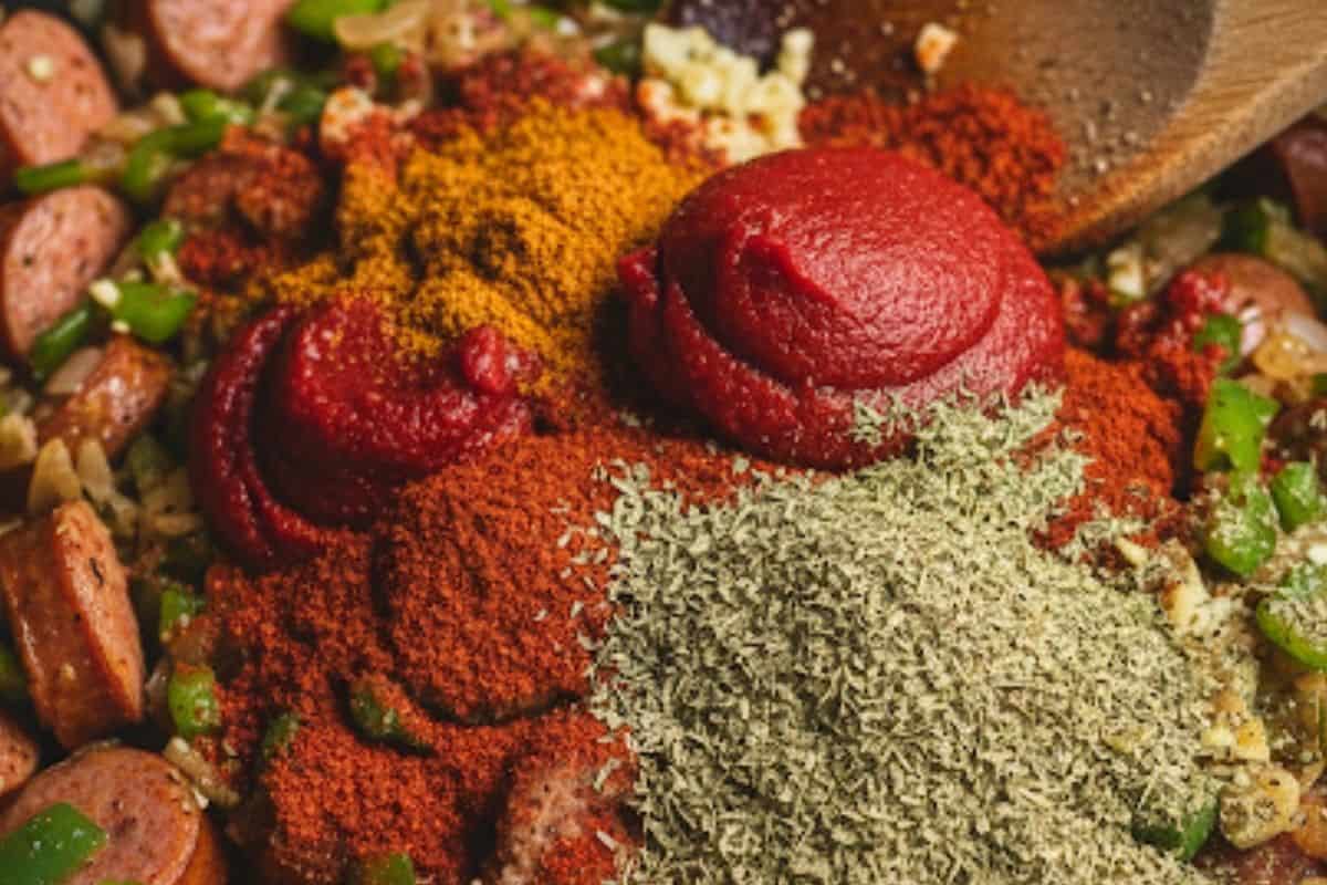 Stir in the tomato paste, Italian herbs, Cajun seasoning, cumin, paprika, cayenne, and thyme sprigs.